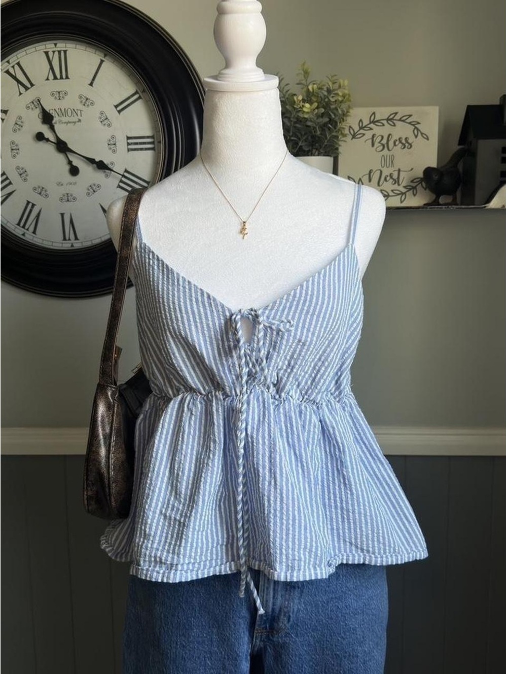 C&A blue striped peplum cami top 🩵